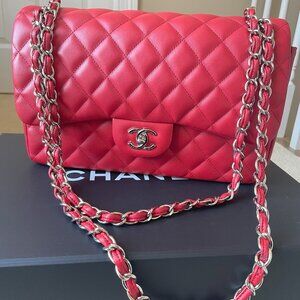 Authentic Like New Chanel Lambskin Red classic double flap Jumbo w/ SHW